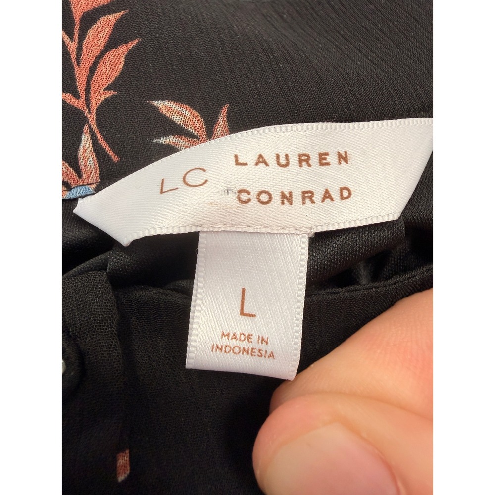 LC Lauren Conrad Floral Blouse Womens Large Black Square Neck Balloon Sleeve Top - Picture 4 of 8